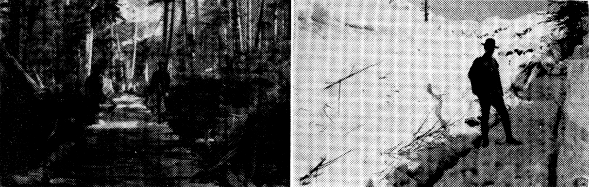 Two photos side by side. The left shows a man standing on a rut trail in the woods. The right shows a man standing on a trail with wagon ruts carved into deep snow.